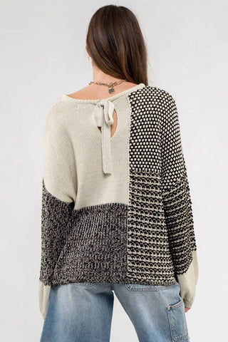 ***CLEARANCE*** Black Patchwork Tie Back Drop Shoulder Knit Sweater