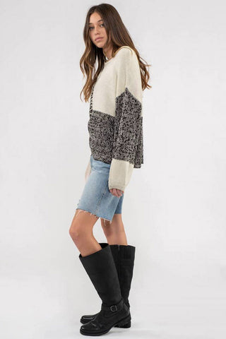 ***CLEARANCE*** Black Patchwork Tie Back Drop Shoulder Knit Sweater