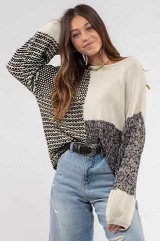 ***CLEARANCE*** Black Patchwork Tie Back Drop Shoulder Knit Sweater