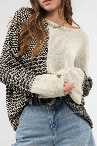 ***CLEARANCE*** Black Patchwork Tie Back Drop Shoulder Knit Sweater