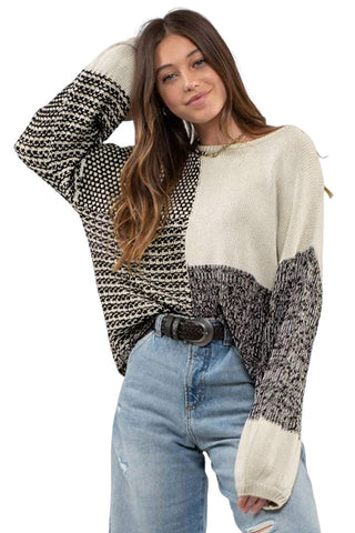 ***CLEARANCE*** Black Patchwork Tie Back Drop Shoulder Knit Sweater