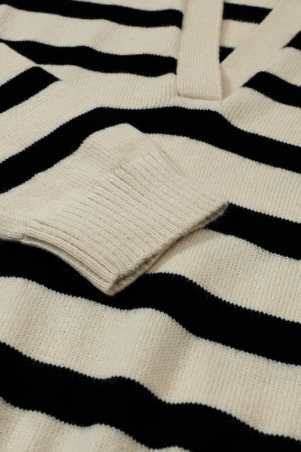 Striped Knit Drop Shoulder Collared V Neck Sweater