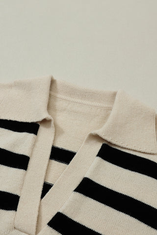 ***CLEARANCE*** Striped Knit Drop Shoulder Collared V Neck Sweater