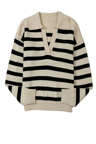 ***CLEARANCE*** Striped Knit Drop Shoulder Collared V Neck Sweater