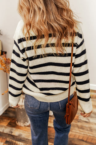 ***CLEARANCE*** Striped Knit Drop Shoulder Collared V Neck Sweater