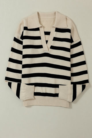 ***CLEARANCE*** Striped Knit Drop Shoulder Collared V Neck Sweater