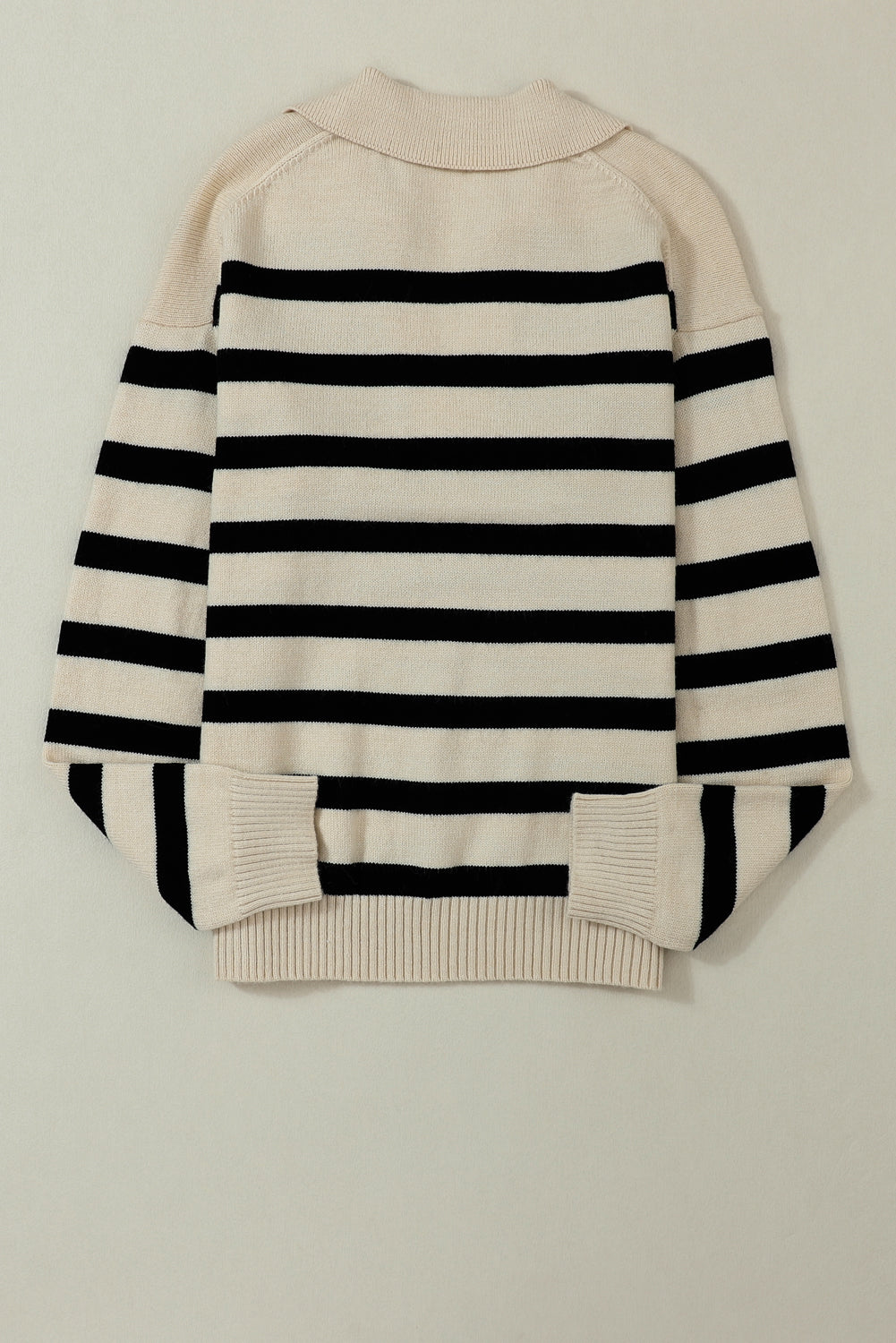 Striped Knit Drop Shoulder Collared V Neck Sweater