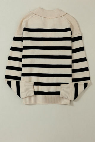 ***CLEARANCE*** Striped Knit Drop Shoulder Collared V Neck Sweater