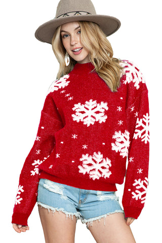 ***clearance***Red Christmas Snowflake Mock Neck Sweater