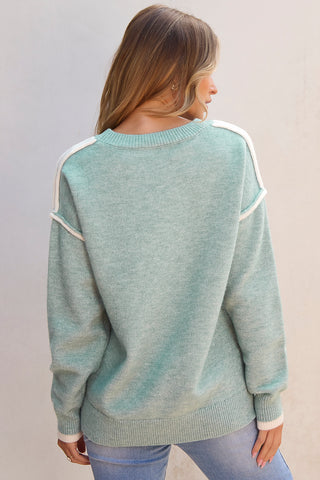 ***CLEARANCE****Moonlight Jade Colorblock Contrasting Edge Crewneck Sweater