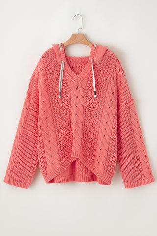 CLEARANCE Cable Knit V Neck Contrast Drawstring Hooded Sweater