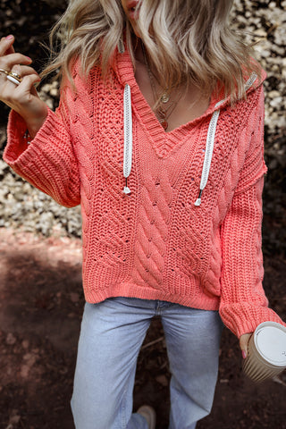 CLEARANCE Cable Knit V Neck Contrast Drawstring Hooded Sweater