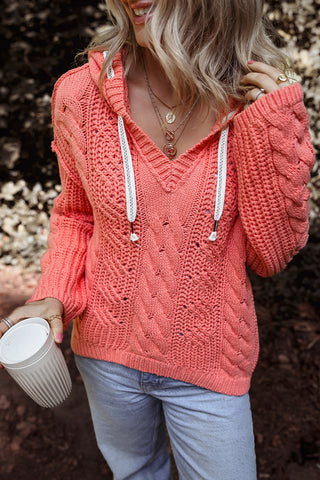 CLEARANCE Cable Knit V Neck Contrast Drawstring Hooded Sweater