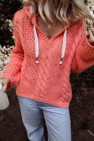 CLEARANCE Cable Knit V Neck Contrast Drawstring Hooded Sweater