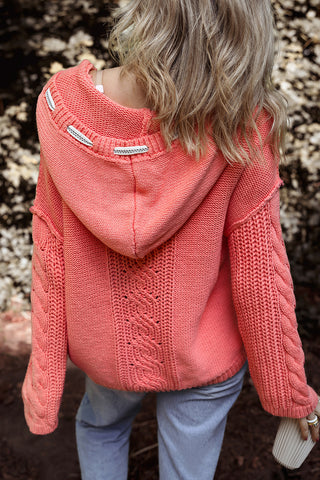 CLEARANCE Cable Knit V Neck Contrast Drawstring Hooded Sweater