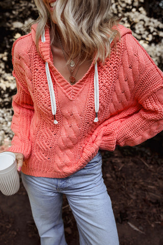 CLEARANCE Cable Knit V Neck Contrast Drawstring Hooded Sweater