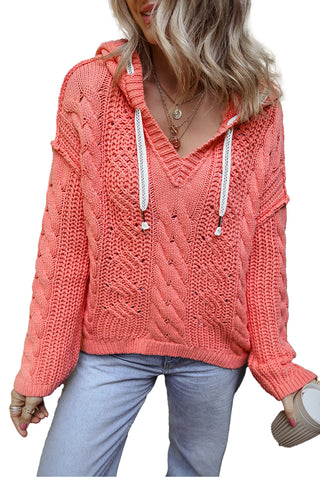 CLEARANCE Cable Knit V Neck Contrast Drawstring Hooded Sweater