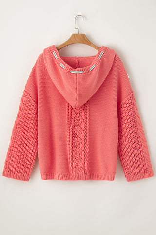 CLEARANCE Cable Knit V Neck Contrast Drawstring Hooded Sweater