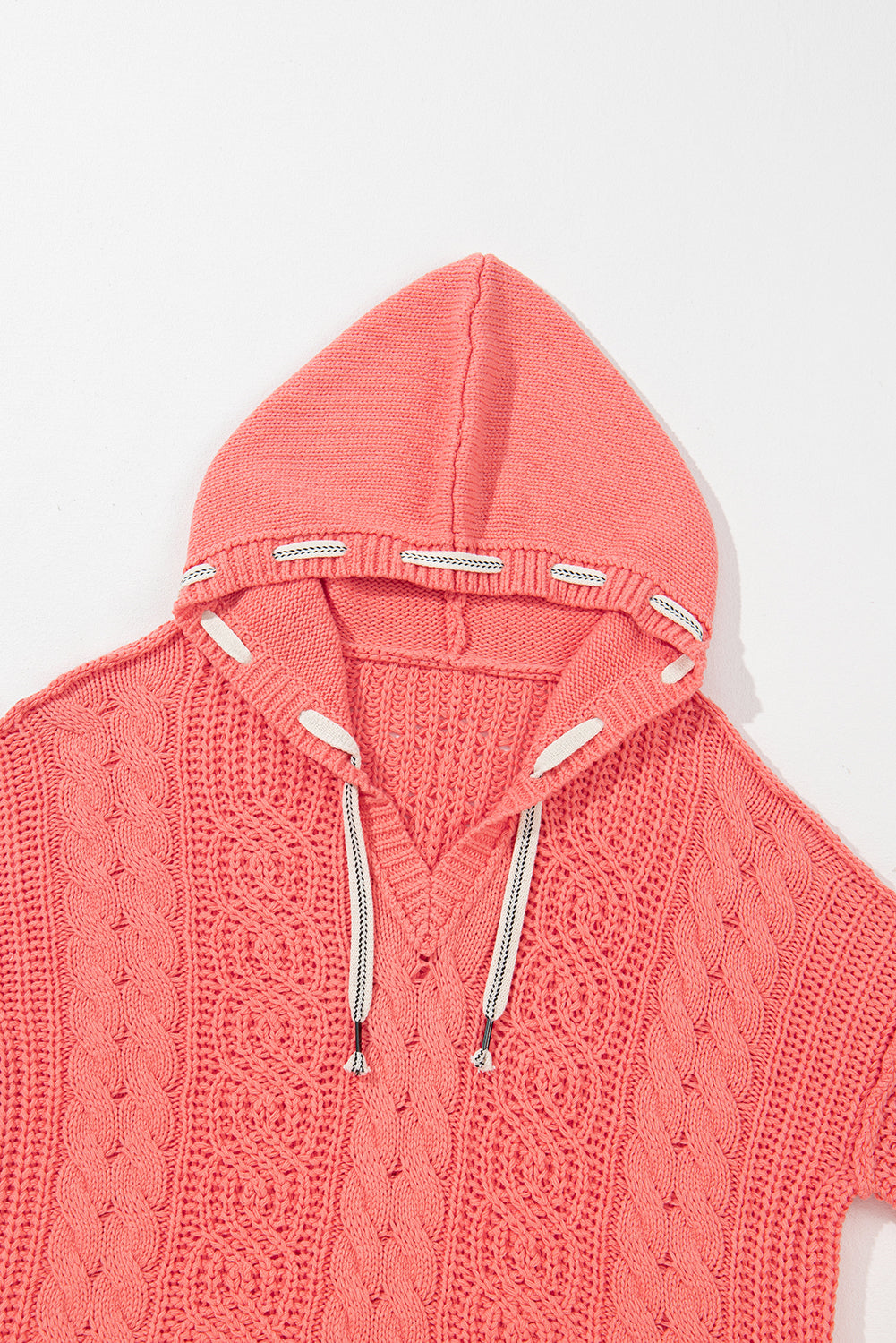 Cable Knit V Neck Contrast Drawstring Hooded Sweater