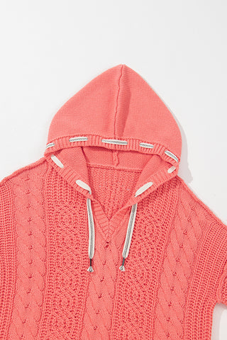 CLEARANCE Cable Knit V Neck Contrast Drawstring Hooded Sweater