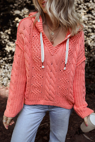 CLEARANCE Cable Knit V Neck Contrast Drawstring Hooded Sweater