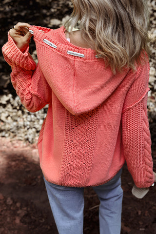 CLEARANCE Cable Knit V Neck Contrast Drawstring Hooded Sweater