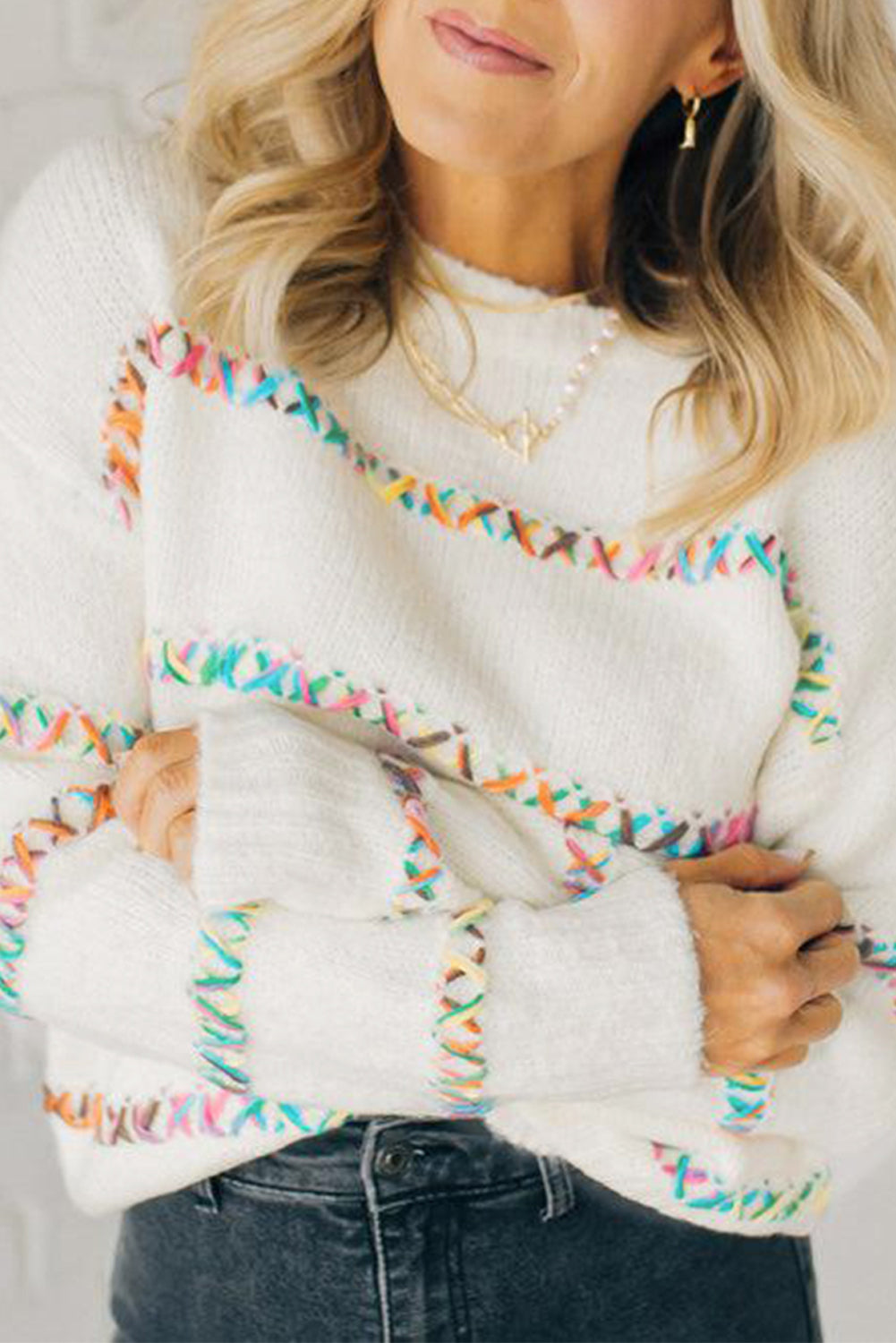 White Colorful Crossed Stitch Drop Shoulder Sweater