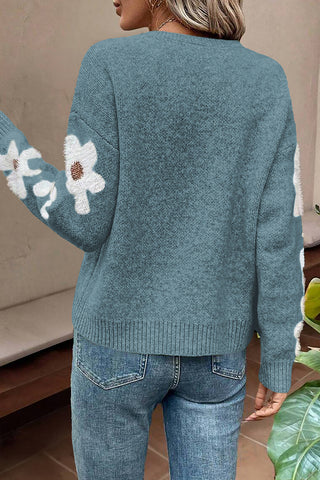 ***CLEARANCE **** Dusk Blue Flower Sleeve Drop Shoulder Sweater