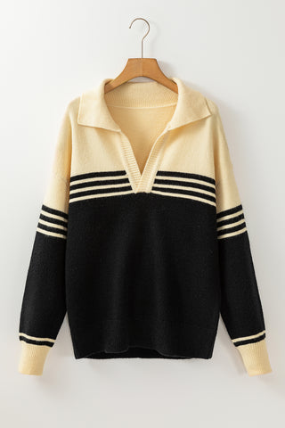 ***CLEARANCE*** Black Colorblock Stripe Collared V Neck Sweater