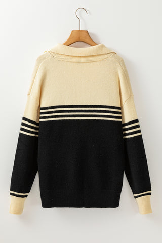 ***CLEARANCE*** Black Colorblock Stripe Collared V Neck Sweater