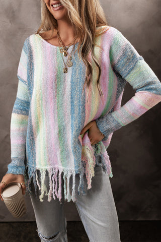 CLEARANCE Purple Color Block Fringed Drop Shoulder Tunic Sweater