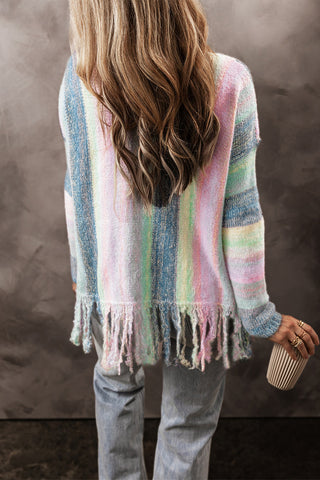 CLEARANCE Purple Color Block Fringed Drop Shoulder Tunic Sweater
