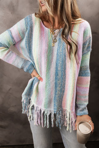 CLEARANCE Purple Color Block Fringed Drop Shoulder Tunic Sweater