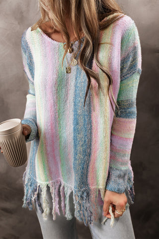 CLEARANCE Purple Color Block Fringed Drop Shoulder Tunic Sweater
