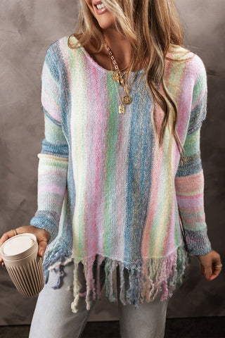 CLEARANCE Purple Color Block Fringed Drop Shoulder Tunic Sweater