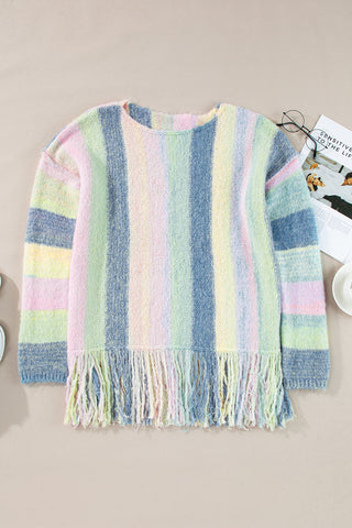 CLEARANCE Purple Color Block Fringed Drop Shoulder Tunic Sweater