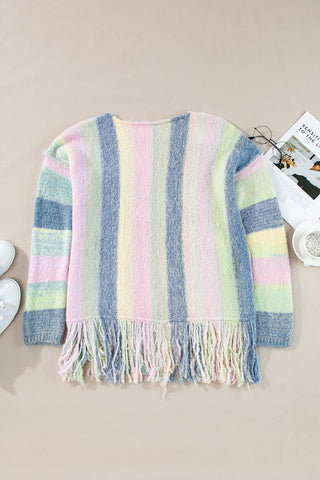 CLEARANCE Purple Color Block Fringed Drop Shoulder Tunic Sweater