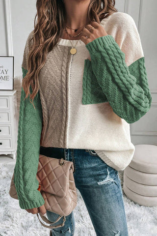 ***CLEARANCE**** Vineyard Green Colorblock Patched Pocket Drop Shoulder Sweater