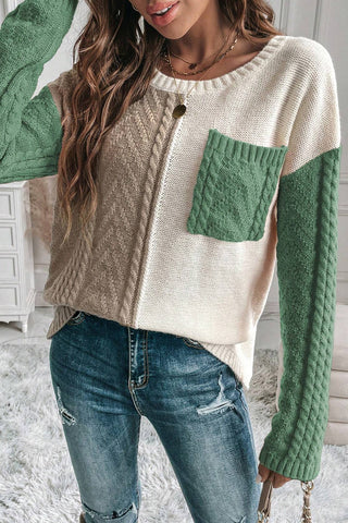 ***CLEARANCE**** Vineyard Green Colorblock Patched Pocket Drop Shoulder Sweater