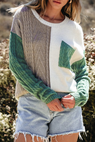 ***CLEARANCE**** Vineyard Green Colorblock Patched Pocket Drop Shoulder Sweater