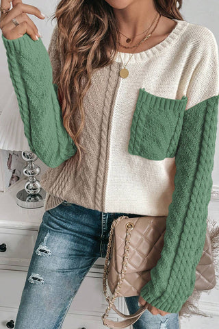 ***CLEARANCE**** Vineyard Green Colorblock Patched Pocket Drop Shoulder Sweater