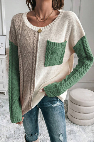 ***CLEARANCE**** Vineyard Green Colorblock Patched Pocket Drop Shoulder Sweater