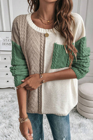 ***CLEARANCE**** Vineyard Green Colorblock Patched Pocket Drop Shoulder Sweater