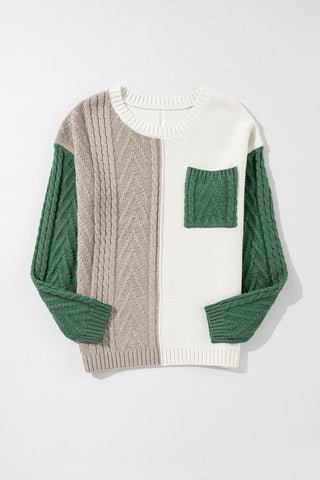 ***CLEARANCE**** Vineyard Green Colorblock Patched Pocket Drop Shoulder Sweater