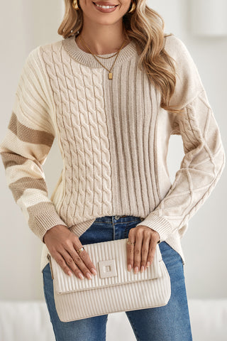 ****CLEARANCE**** Khaki Cable Knit Colorblock Crew Neck Drop Shoulder Sweater