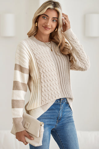 ****CLEARANCE**** Khaki Cable Knit Colorblock Crew Neck Drop Shoulder Sweater