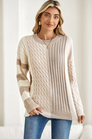 ****CLEARANCE**** Khaki Cable Knit Colorblock Crew Neck Drop Shoulder Sweater