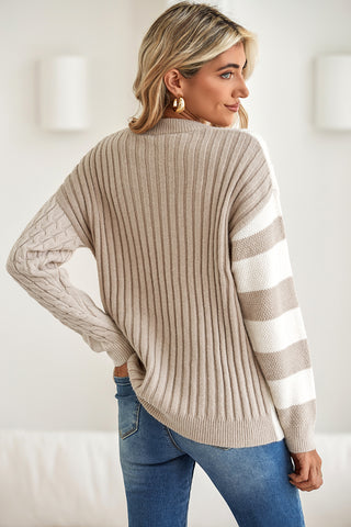 ****CLEARANCE**** Khaki Cable Knit Colorblock Crew Neck Drop Shoulder Sweater