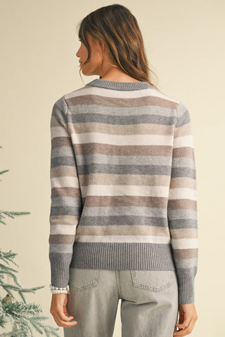 CLEARANCE Striped Ribbed Edge Round Neck Sweater