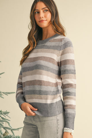 CLEARANCE Striped Ribbed Edge Round Neck Sweater
